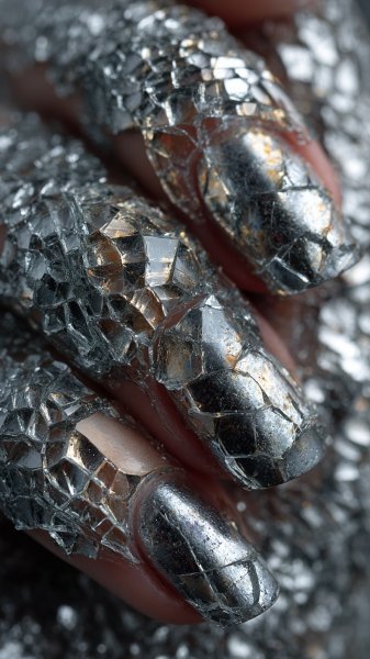 Разбитое стекло и отражение света в длинных металлических ногтях. Нейросеть Midjourney