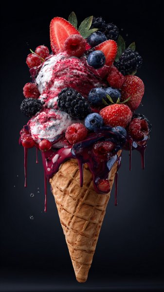 Яркий десерт с ягодами и красками на темном фоне. Генерация из нейросети Миджорни