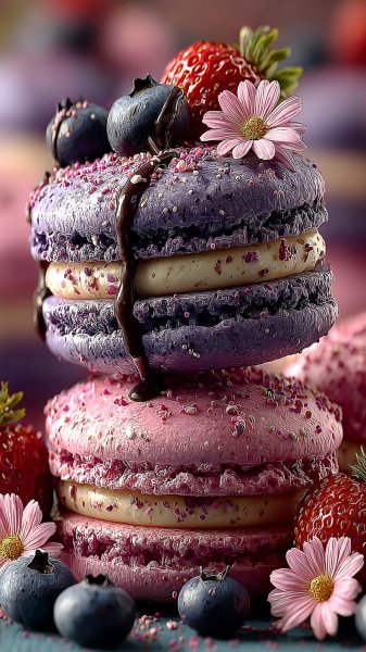 Яркие макаронс с ягодами и фруктами — визуальный шедевр. Генерация из нейронной сети Midjourney