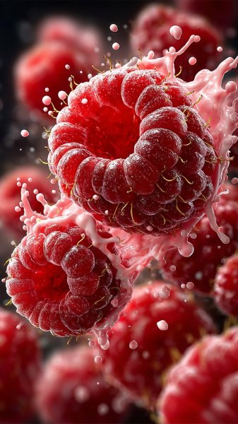 Розовая малина в молочных брызгах и золотом сиянии. Картинка из нейронной сети Midjourney