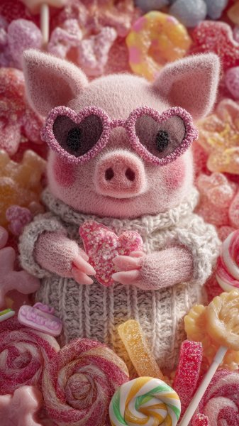 Милый розовый поросенок в очках сердца из конфет ручной работы. Нейронная сеть Midjourney