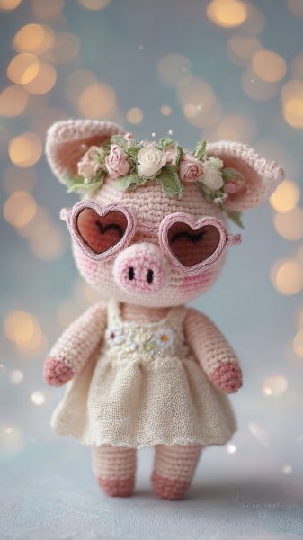 Милая вязаная свинка в розовом платье и солнцезащитных очках ручной работы. Генерация из нейросети Миджорни