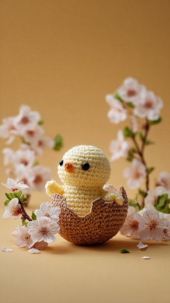 Милый цыпленок из яйца в стиле амигуруми с ромашками. Генерация из нейронной сети Midjourney