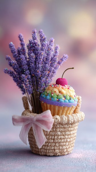 Вязаные чудеса: корзинка с лентой и лаванда, милый кекс из пряжи. Нейронная сеть Midjourney