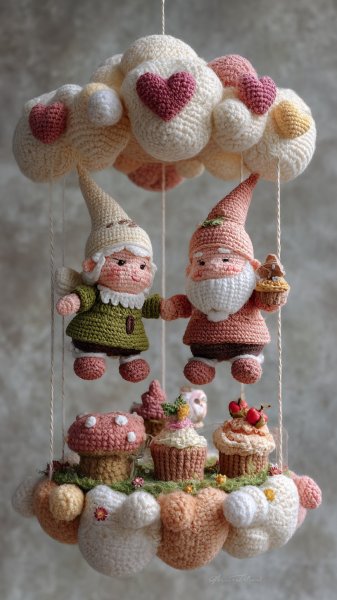 Нежный пасхальный мобиль с ангелочками и милый гном-пекарь в сказочном стиле. Картинка из нейросети Midjourney