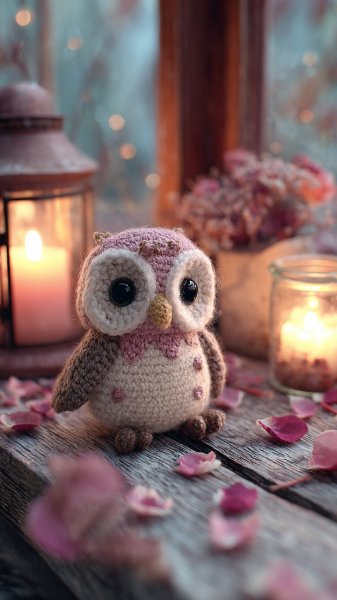 Милая сова амигуруми в нежной пастельной гамме и романтичной обстановке. Нейросеть Midjourney