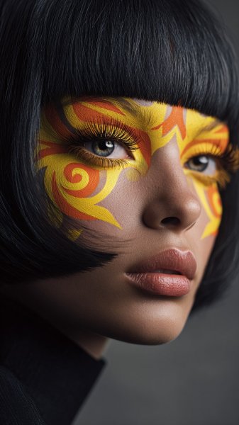 Геометрия на лице: яркий макияж и драматичный образ современной женщины. Изображение из нейронной сети Миджорни