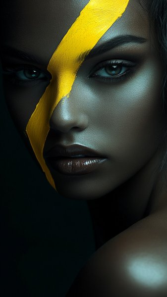 Яркий этнический портрет с выразительным макияжем и сложной росписью лица в желтых и черных тонах. Нейросеть Midjourney