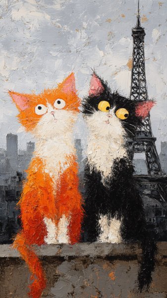 Игривые коты в стиле абстрактной живописи с парижским пейзажем. Нейросеть Midjourney