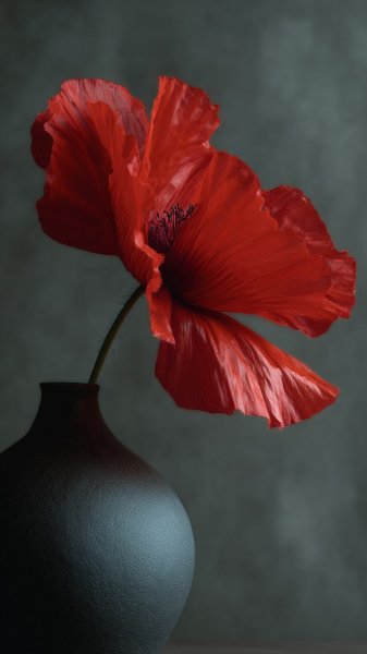Красный цветок в чёрном вазе: изящная композиция и мягкий свет. Картинка из нейросети Midjourney