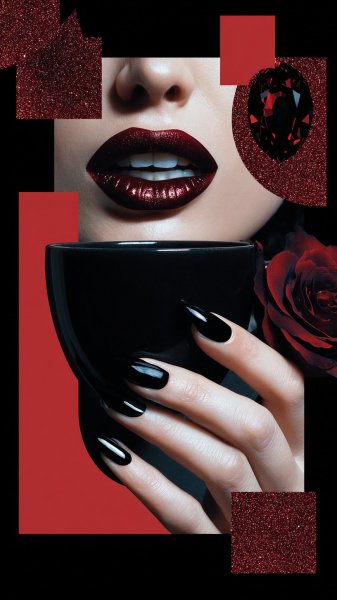 Черное кофе и алая тайна: цифровой портрет с розой и сердцем. Изображение из нейросети Midjourney