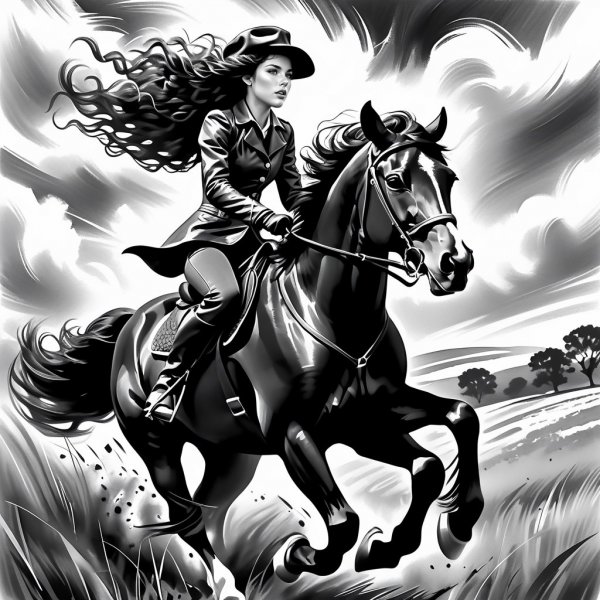 Девушка на коне: погоня в черно-белом пейзаже с гепардом. Нейросеть Stable Diffusion