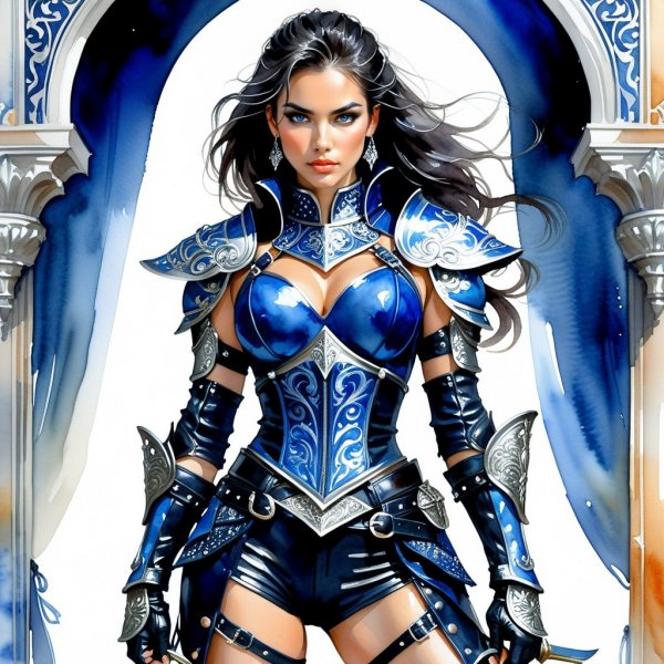 Воин в синем доспехе: мрачная фантазия и акварельный стиль. Изображение из нейронной сети Stable Diffusion