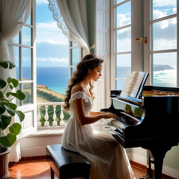 Девушка у окна и звуки пианино. Изображение из нейронной сети Стейбл Дифьюжн