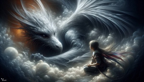 Девушка и спящий монстр в тумане: цифровой набросок с элементами тонализма. Нейросеть Dalle