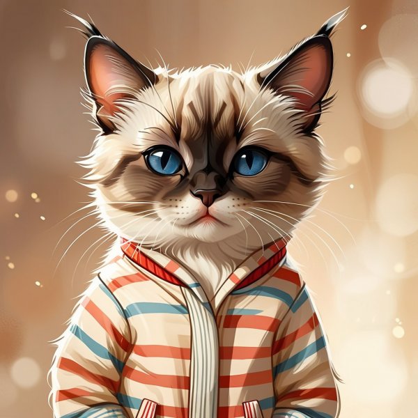 Унылый сиамский кот в пижаме, уютная иллюстрация. Нейросеть Stable Diffusion