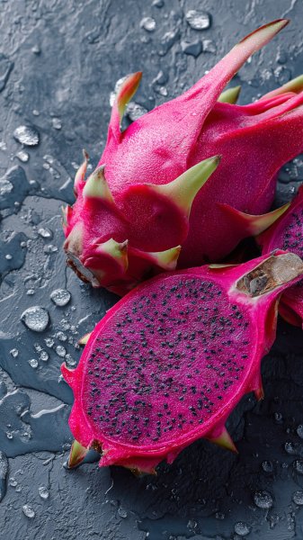 Нежное розовое драгон фрут: сочный срез и яркий контраст текстур на сером фоне. Генерация из нейронной сети Midjourney