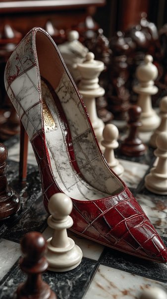 Элегантная игра: красные каблуки на шахматной доске. Картинка из нейросети Миджорни