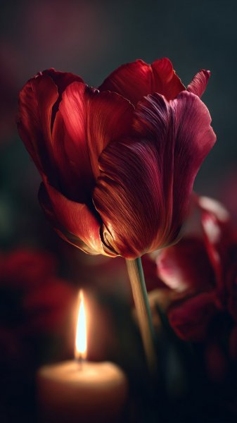 Огонь на губной помаде и букет красных тюльпанов в интерьере. Нейросеть Midjourney