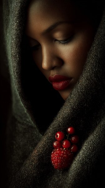 Красная ягода и девушка в черном: цифровое искусство о красоте и тайнах. Нейронная сеть Midjourney
