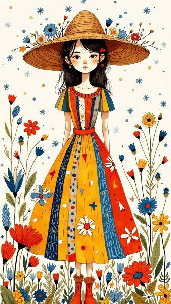 Девушка в цветастом платье и шляпе среди цветов: наивное очарование народной иллюстрации. Генерация из нейросети Flux 1