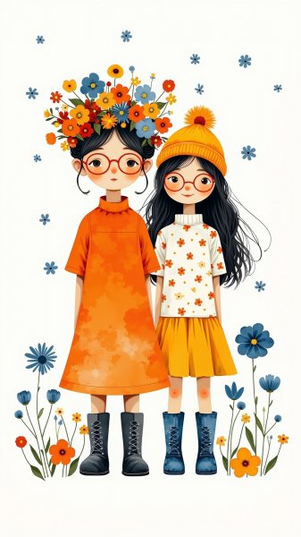 Две девочки в ярких нарядах и забавных аксессуарах. Нейронная сеть Flux Ai