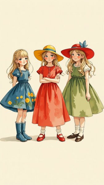 Три девушки в летнем саду: нежная иллюстрация. Генерация из нейросети Flux.1