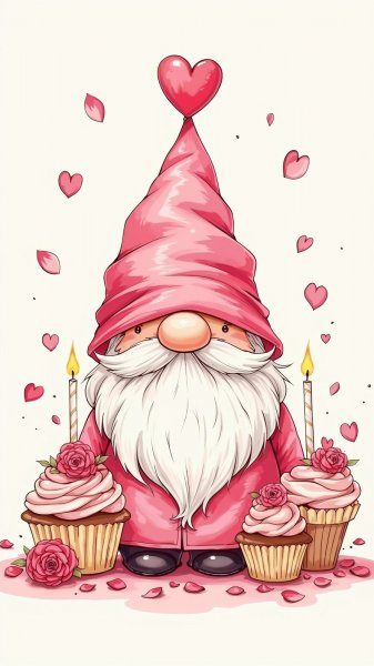 Очаровательный гном с кексами и розами в сказочном мире. Картинка из нейросети Flux.1