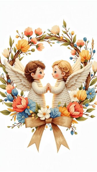 Ангелы вязаные крючком в весеннем венке с нежными цветами. Изображение из нейросети Flux Ai