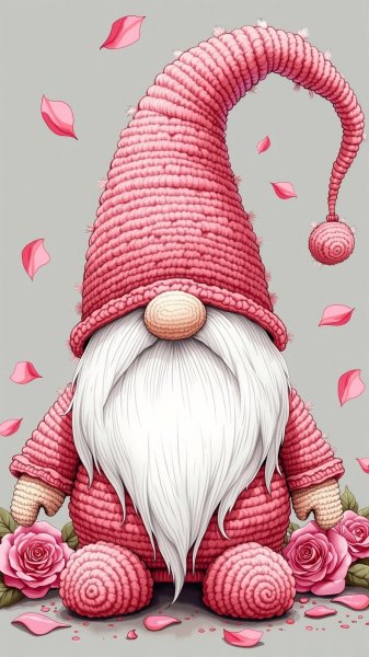 Милый гном с розовыми цветами и вязаным кексом на сером фоне. Нейросеть Flux 1