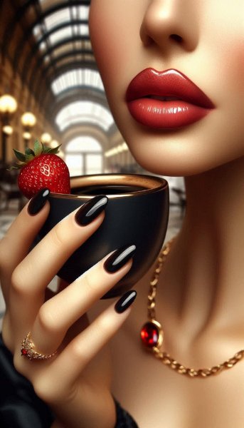 Красная роза и чёрный кофе: загадочный женский портрет в деталях. Генерация из нейронной сети Dalle-3