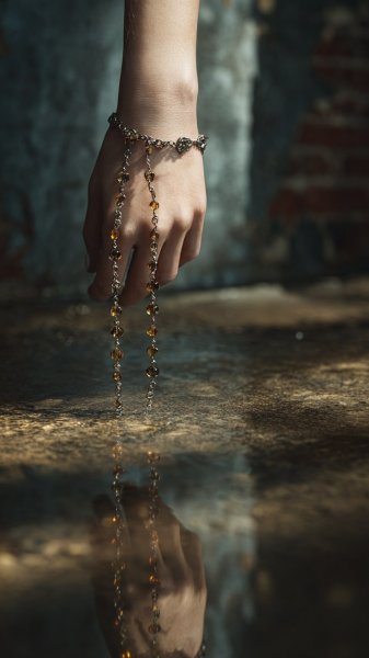 Элегантное ожерелье из бусин и стильный браслет на руке. Картинка из нейронной сети Midjourney