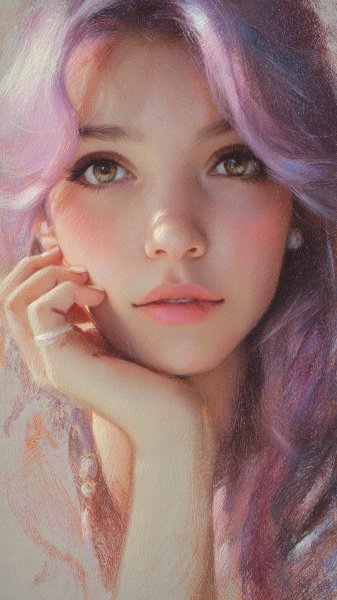 Загадочный взгляд и фиолетовые блики волос в серой дымке. Изображение из нейронной сети Миджорни