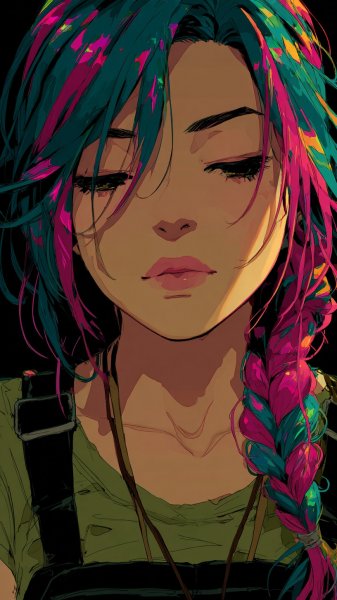 Неоновый блеск: аниме-девушка в мире глитч и ярких красок. Картинка из нейронной сети Midjourney