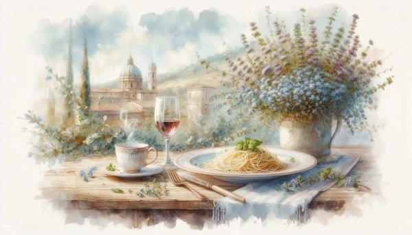 Итальянский стол с пастой и благоухающими травами. Генерация из нейронной сети Dalle