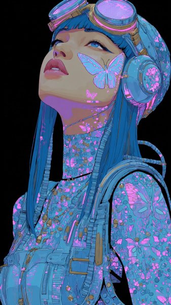 Неоновая киберпанк девушка в стиле аниме с глитч эффектом и голограммой. Нейросеть Миджорни