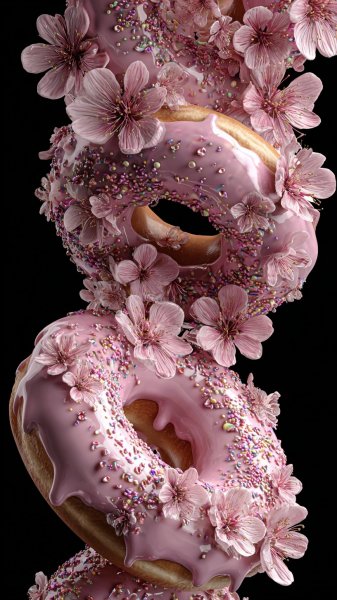 Розовый пончик с малиной: фотореалистичный десерт в стиле мультфильма на черном фоне. Картинка из нейронной сети Миджорни