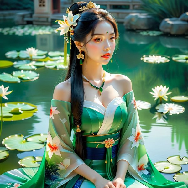 Изящная китаянка в зелёном платье на фоне пруда с лилиями. Нейронная сеть Stable Diffusion