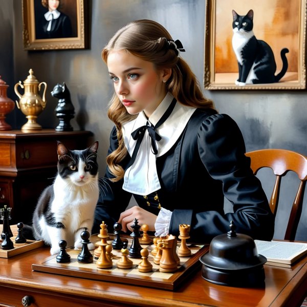 Девочка и кот в историческом стиле: шахматная партия у старинного стола. Нейронная сеть Stable Diffusion