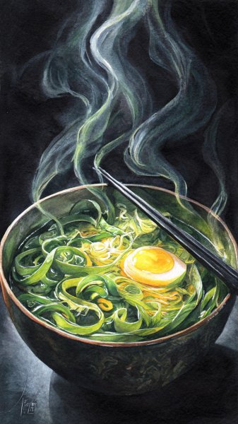 Аппетитный рамен: акварельный натюрморт с золотистым яйцом и зеленым луком. Нейронная сеть Миджорни