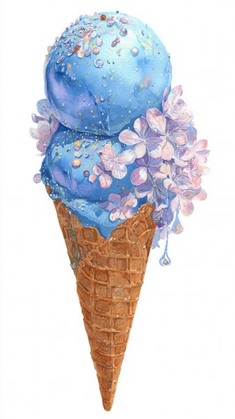 Яркое наслаждение: акварельный рисунок с голубым арбузным мороженым и цветами. Изображение из нейронной сети Midjourney