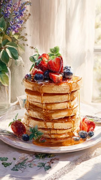 Аппетитный завтрак: клубника, черника и блины с кленовым сиропом. Картинка из нейросети Миджорни