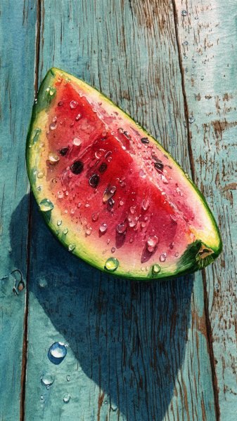 Летняя свежесть арбуза: акварельный натюрморт с сочными брызгами. Картинка из нейросети Миджорни