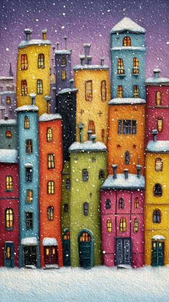 Зимний город в наивном стиле: игривые очертания и творческий восторг. Генерация из нейронной сети Midjourney