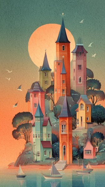 Пляжные домики в пастельных тонах и восходящее солнце. Нейросеть Миджорни