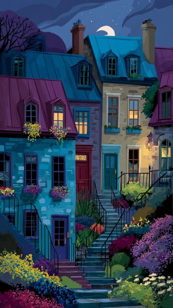 Домики на холме в ночном саду. Изображение из нейронной сети Midjourney