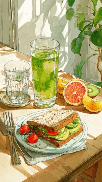 Завтрак в акварели: свежесть и яркие краски утреннего настроения. Изображение из нейронной сети Midjourney