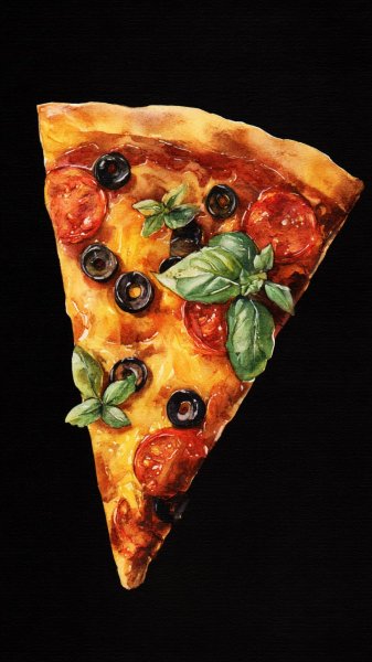 Аппетитный ломтик пиццы в акварельной живописи. Генерация из нейронной сети Миджорни