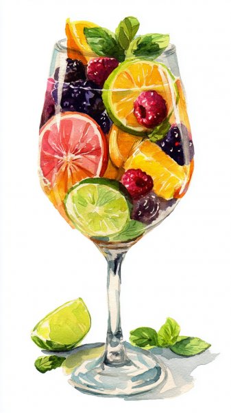 Яркий фруктовый коктейль в стакане и акварельная иллюстрация. Генерация из нейросети Миджорни