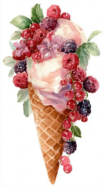 Ягодное наслаждение: летнее ванильное мороженое в хрустящем вафельном рожке. Нейронная сеть Midjourney